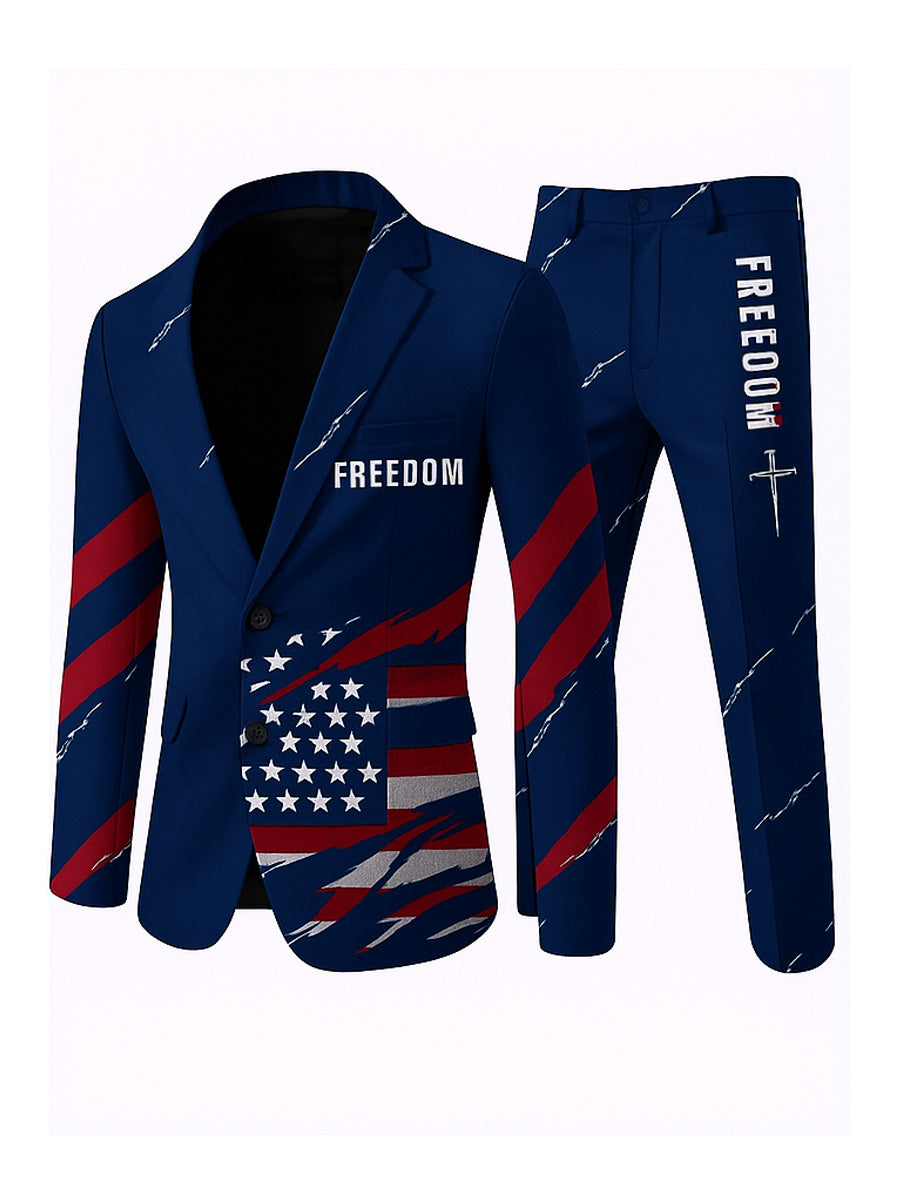 Men's Freedom American Flag Print Casual Jacket Trousers Two-Piece Suits